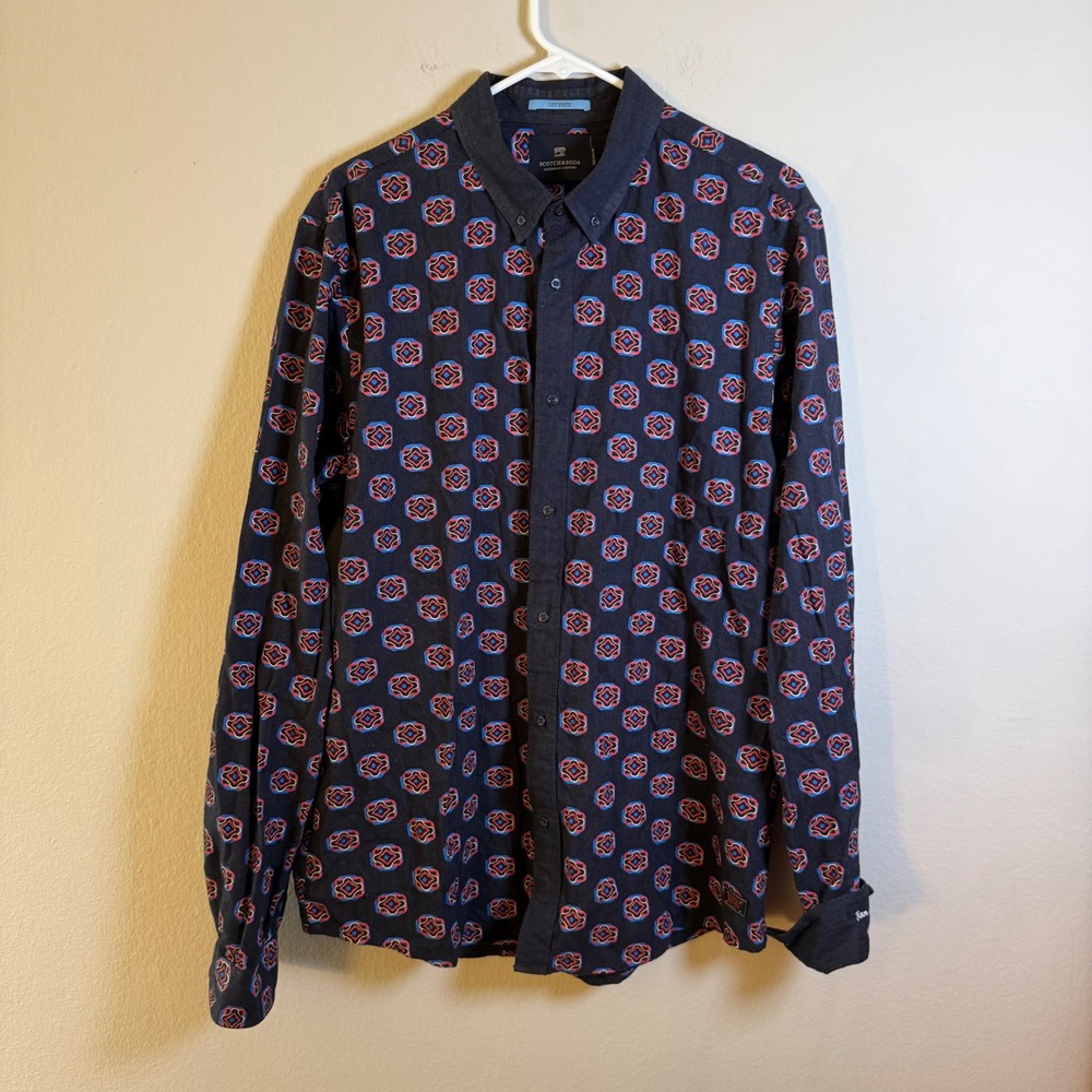 Scotch & Soda Mens XL Off Piste Geometric Medallion‎ Button Down Shirt Navy